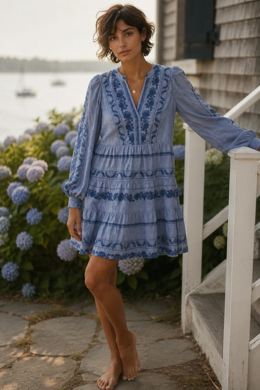 NEW Hale Bob Boho Embroidered Mini Dress Size XS Quiet Luxe Preppy Blue